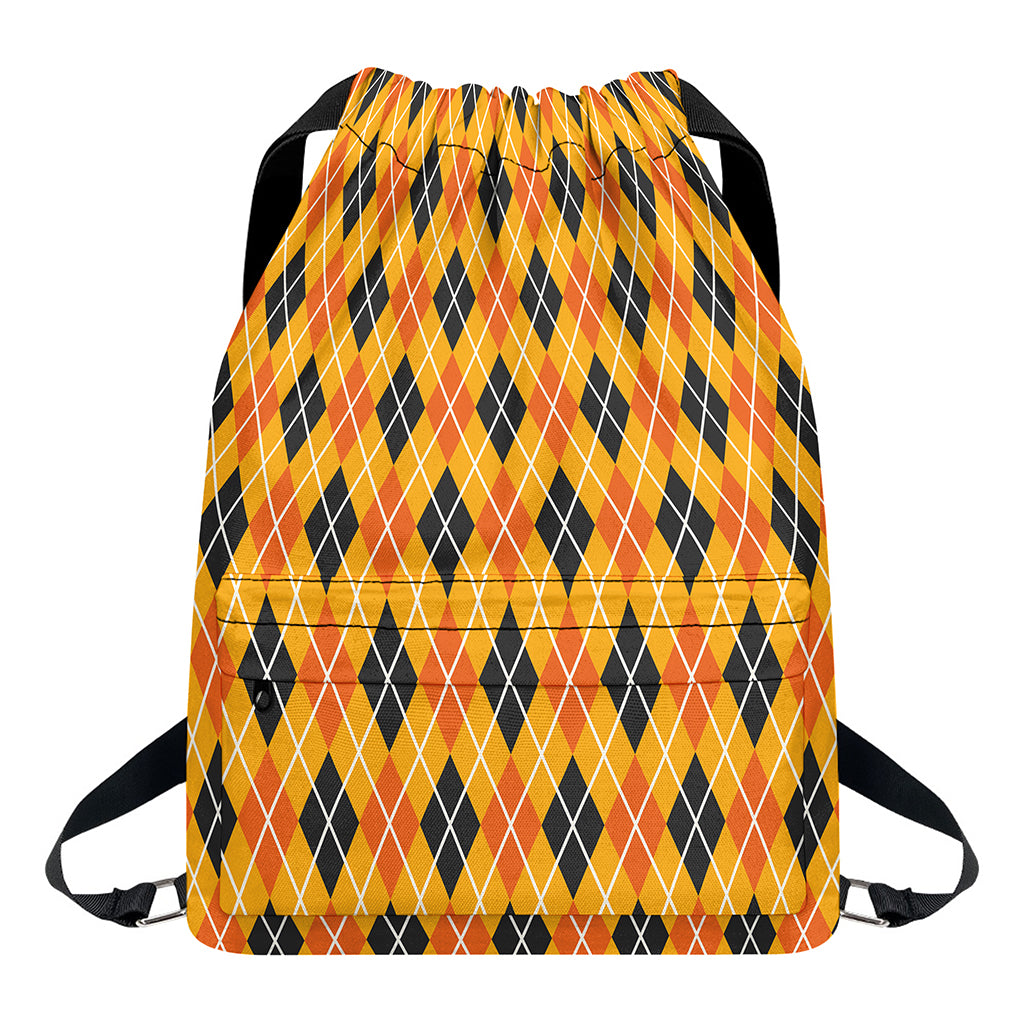 Orange Halloween Argyle Pattern Print Drawstring Backpack