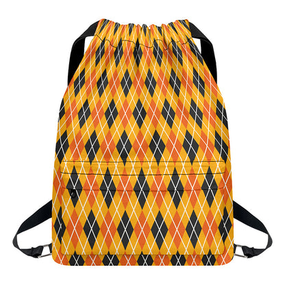 Orange Halloween Argyle Pattern Print Drawstring Backpack