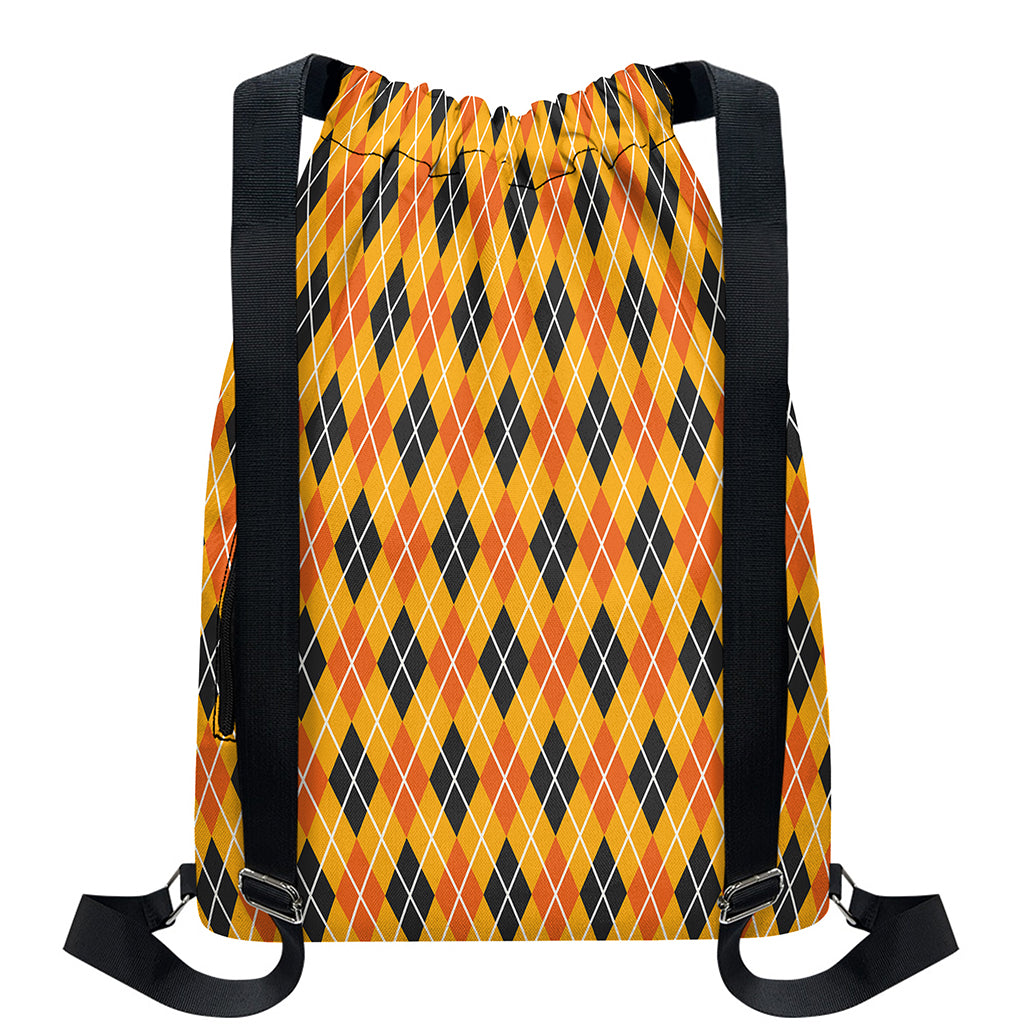 Orange Halloween Argyle Pattern Print Drawstring Backpack