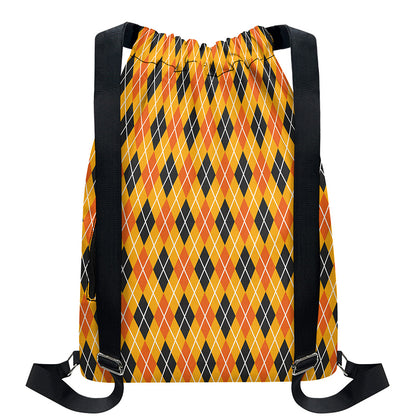 Orange Halloween Argyle Pattern Print Drawstring Backpack