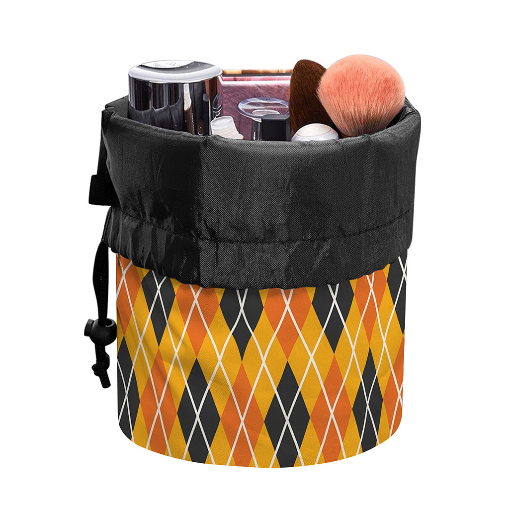 Orange Halloween Argyle Pattern Print Drawstring Makeup Bag