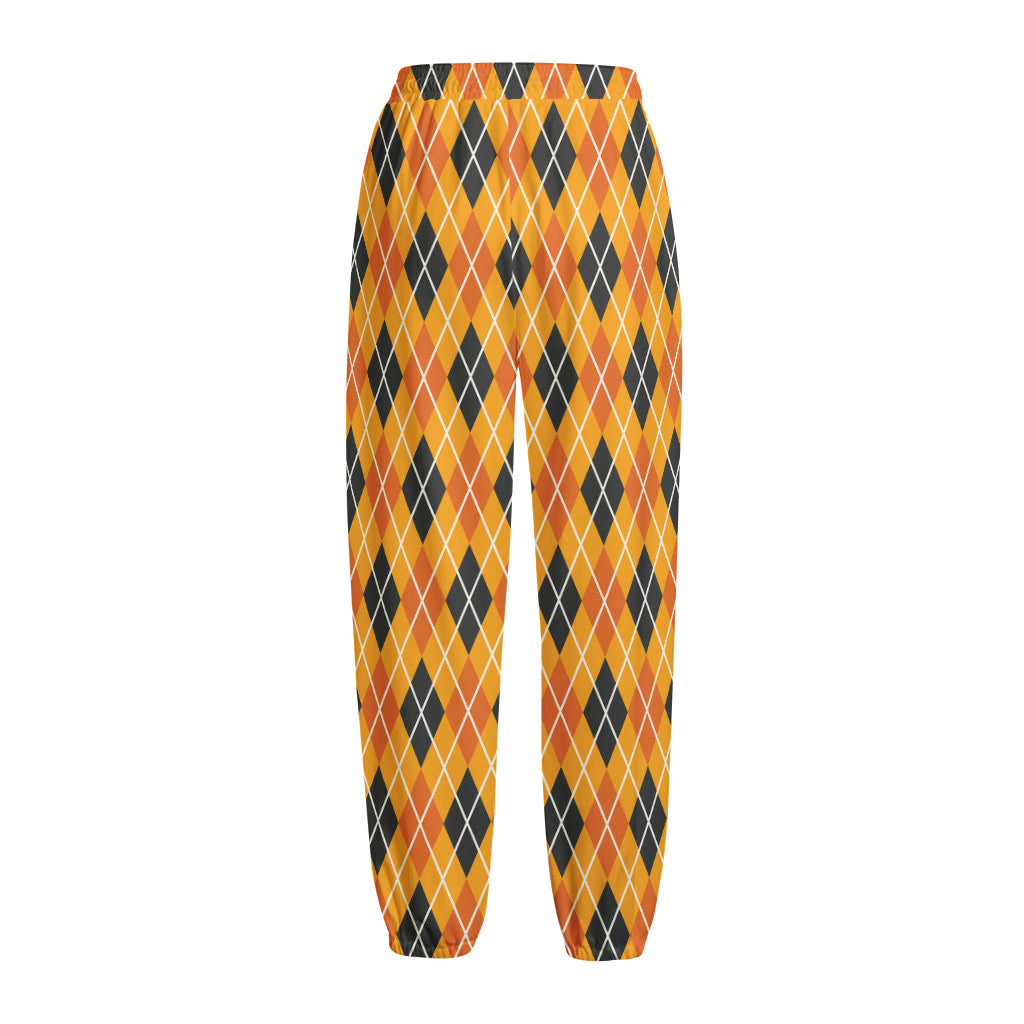 Orange Halloween Argyle Pattern Print Fleece Lined Knit Pants