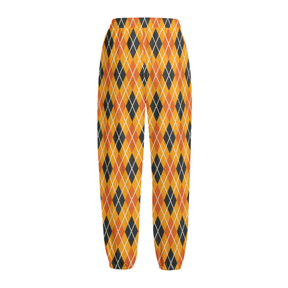 Orange Halloween Argyle Pattern Print Fleece Lined Knit Pants