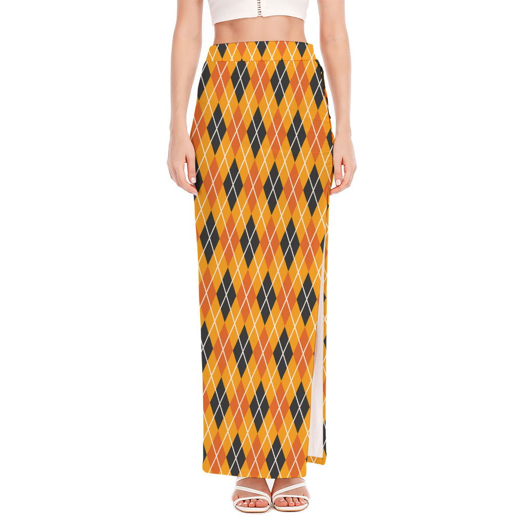 Orange Halloween Argyle Pattern Print High Slit Maxi Skirt