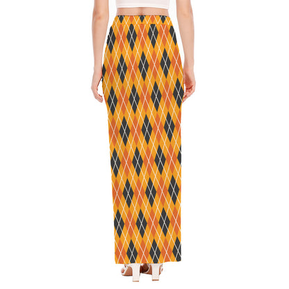 Orange Halloween Argyle Pattern Print High Slit Maxi Skirt