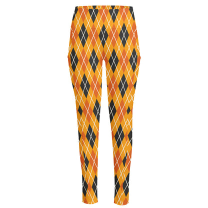 Orange Halloween Argyle Pattern Print High-Waisted Pocket Leggings