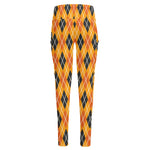 Orange Halloween Argyle Pattern Print High-Waisted Pocket Leggings
