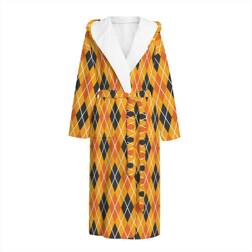 Orange Halloween Argyle Pattern Print Hooded Bathrobe