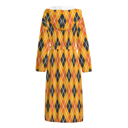 Orange Halloween Argyle Pattern Print Hooded Bathrobe