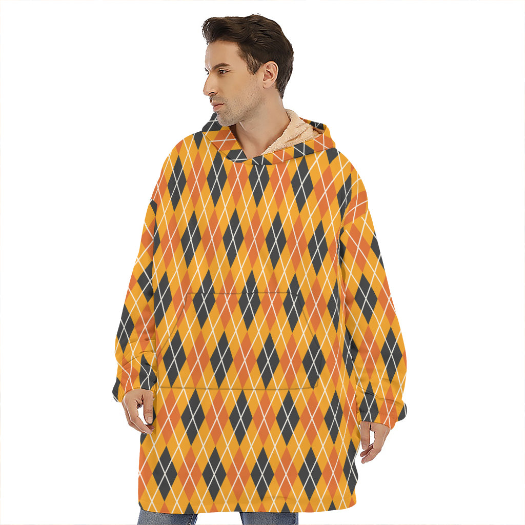 Orange Halloween Argyle Pattern Print Hoodie Blanket