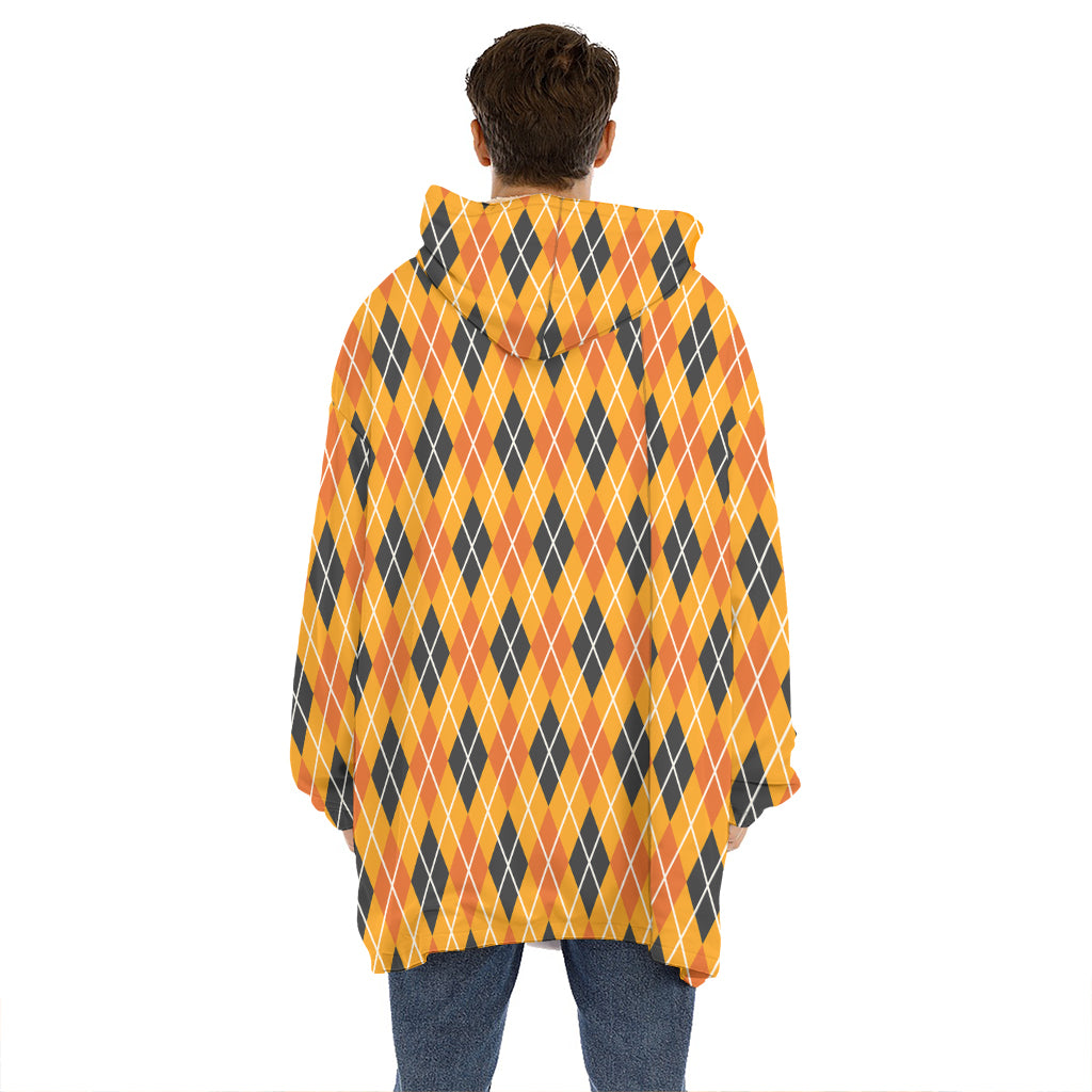 Orange Halloween Argyle Pattern Print Hoodie Blanket