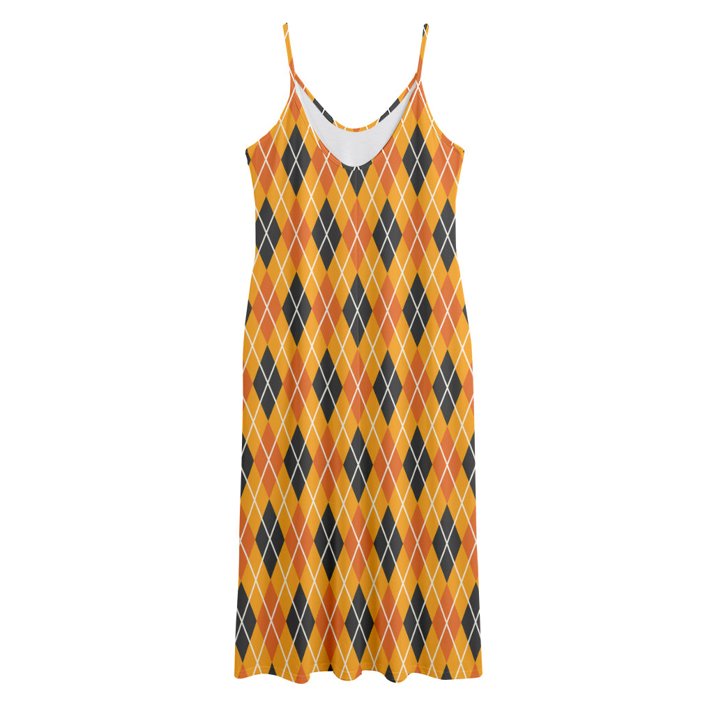 Orange Halloween Argyle Pattern Print Jersey Midi Cami Dress