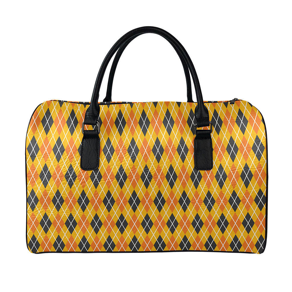 Orange Halloween Argyle Pattern Print Leather Duffle Bag