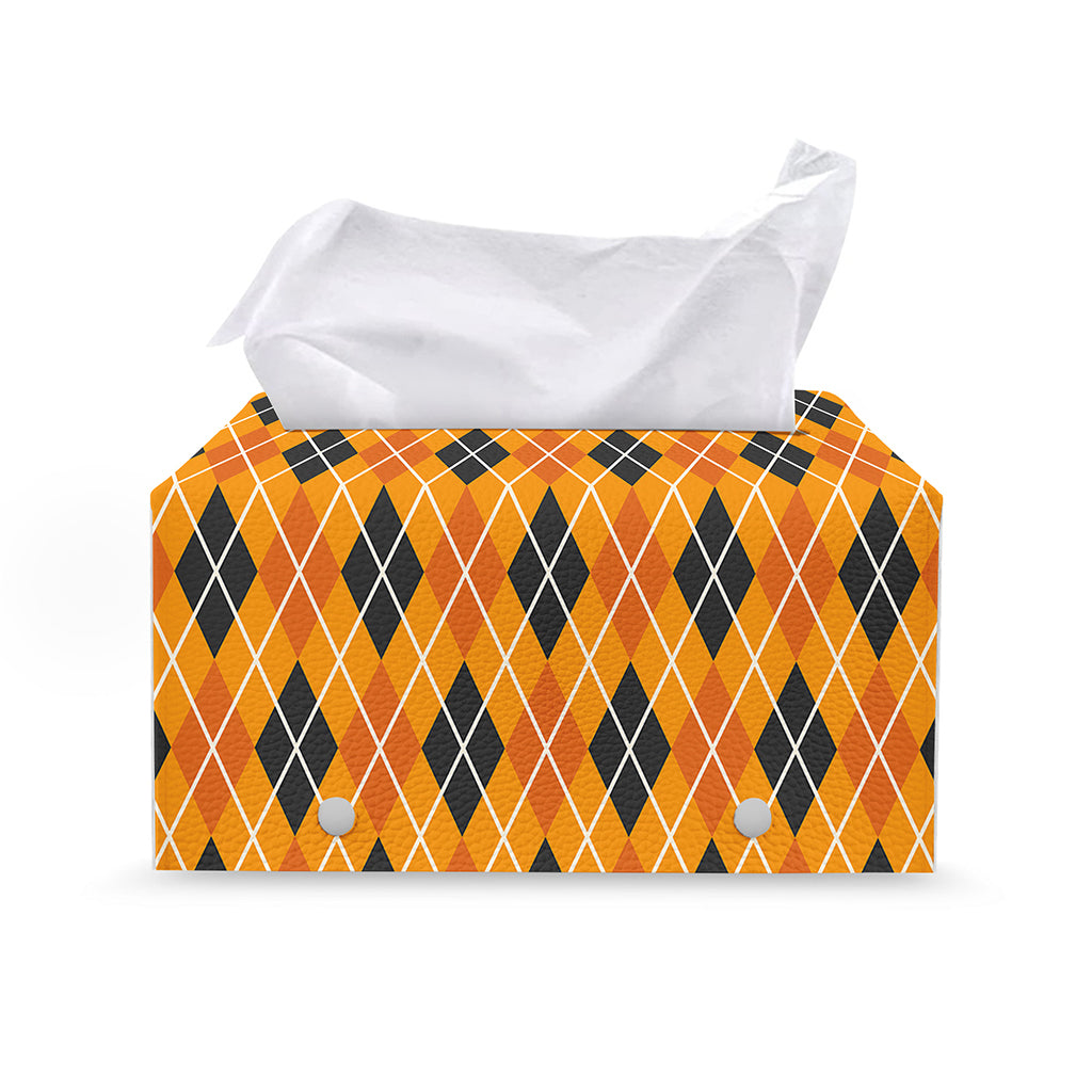 Orange Halloween Argyle Pattern Print Leather Tissue Box Cover
