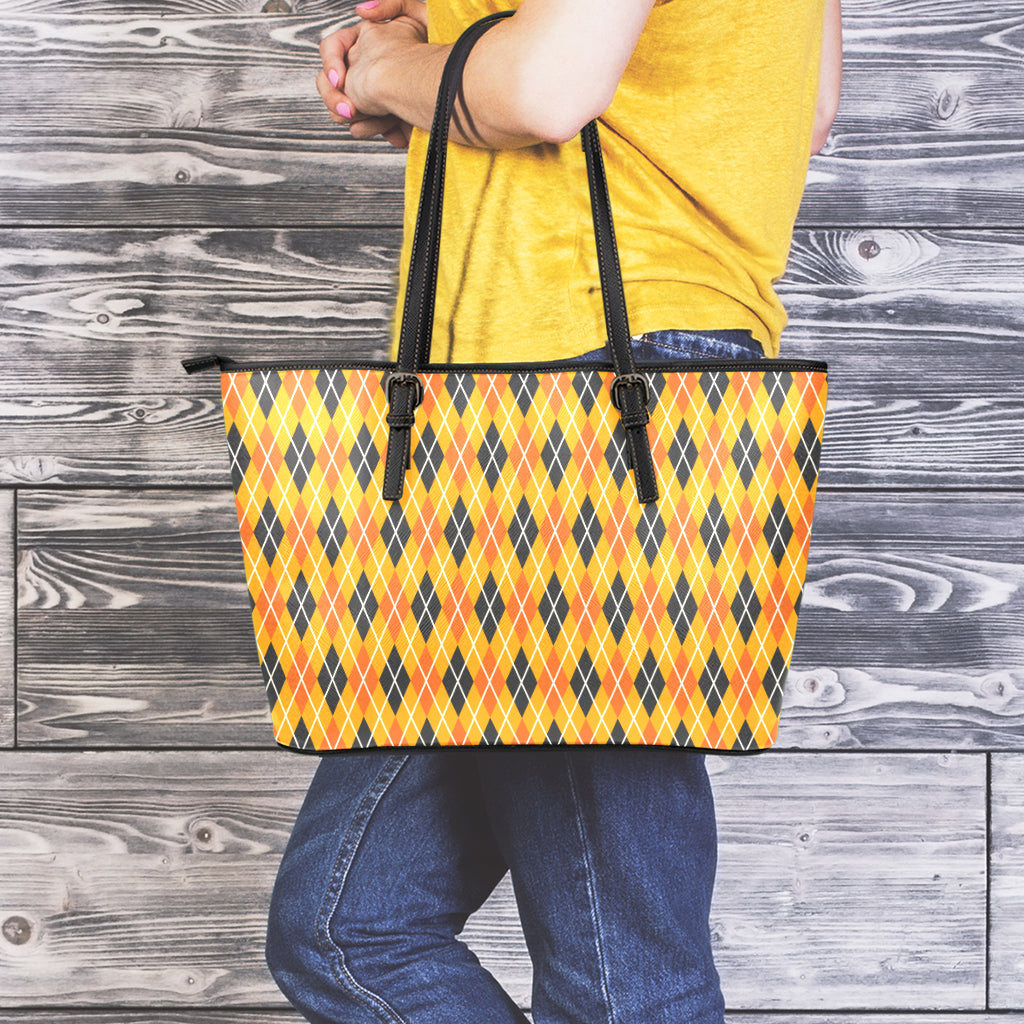 Orange Halloween Argyle Pattern Print Leather Tote Bag