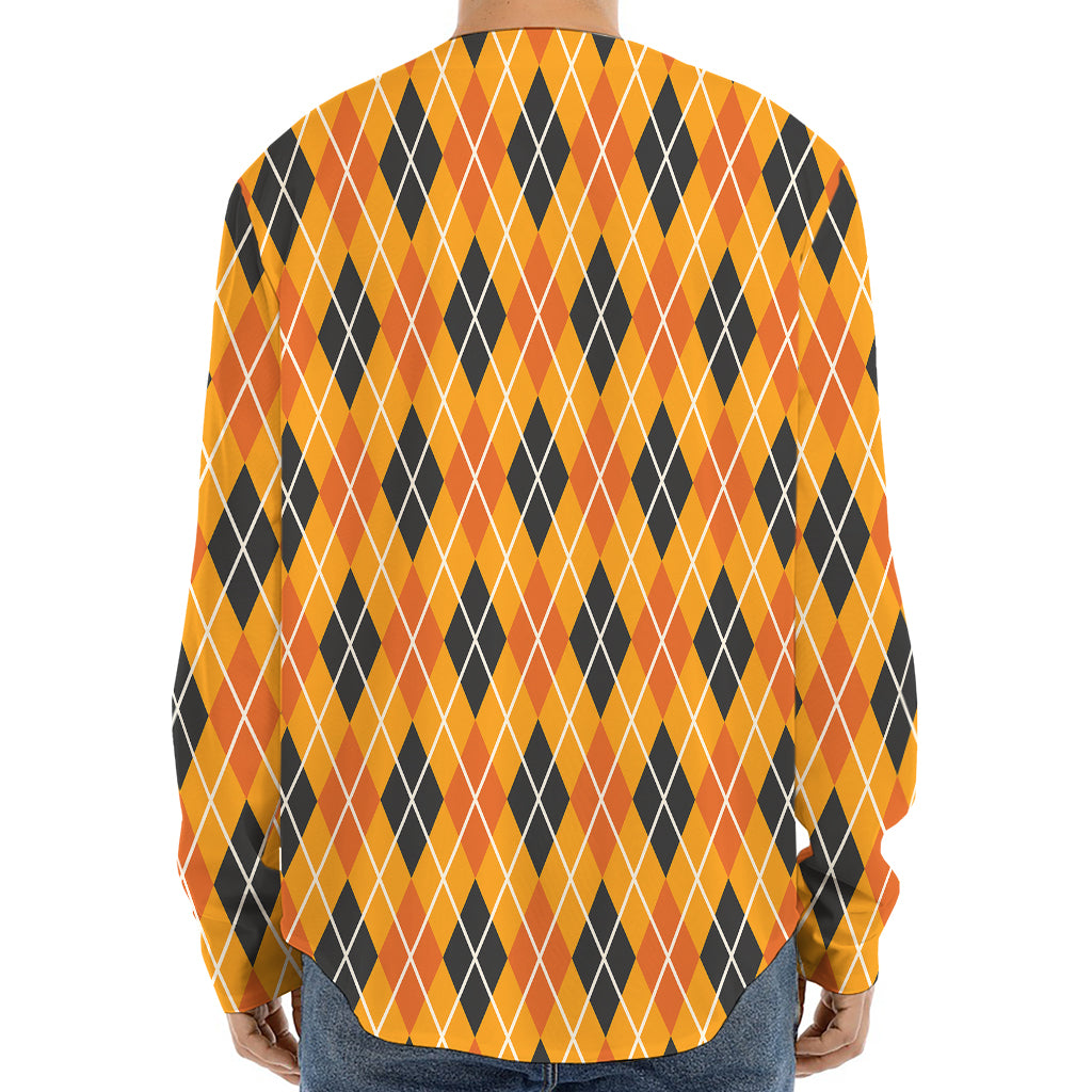 Orange Halloween Argyle Pattern Print Long Sleeve Baseball Jersey