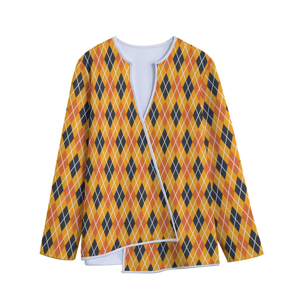 Orange Halloween Argyle Pattern Print Long Sleeve Short Coat