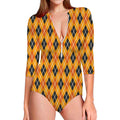Orange Halloween Argyle Pattern Print Long Sleeve Swimsuit