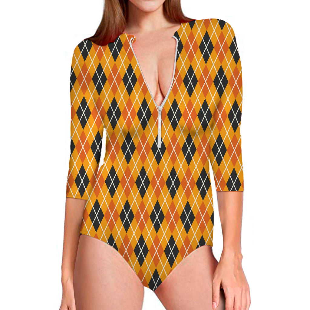 Orange Halloween Argyle Pattern Print Long Sleeve Swimsuit
