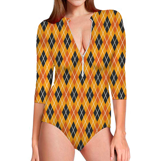 Orange Halloween Argyle Pattern Print Long Sleeve Swimsuit
