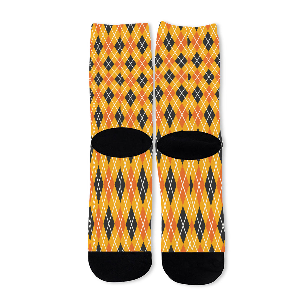 Orange Halloween Argyle Pattern Print Long Socks