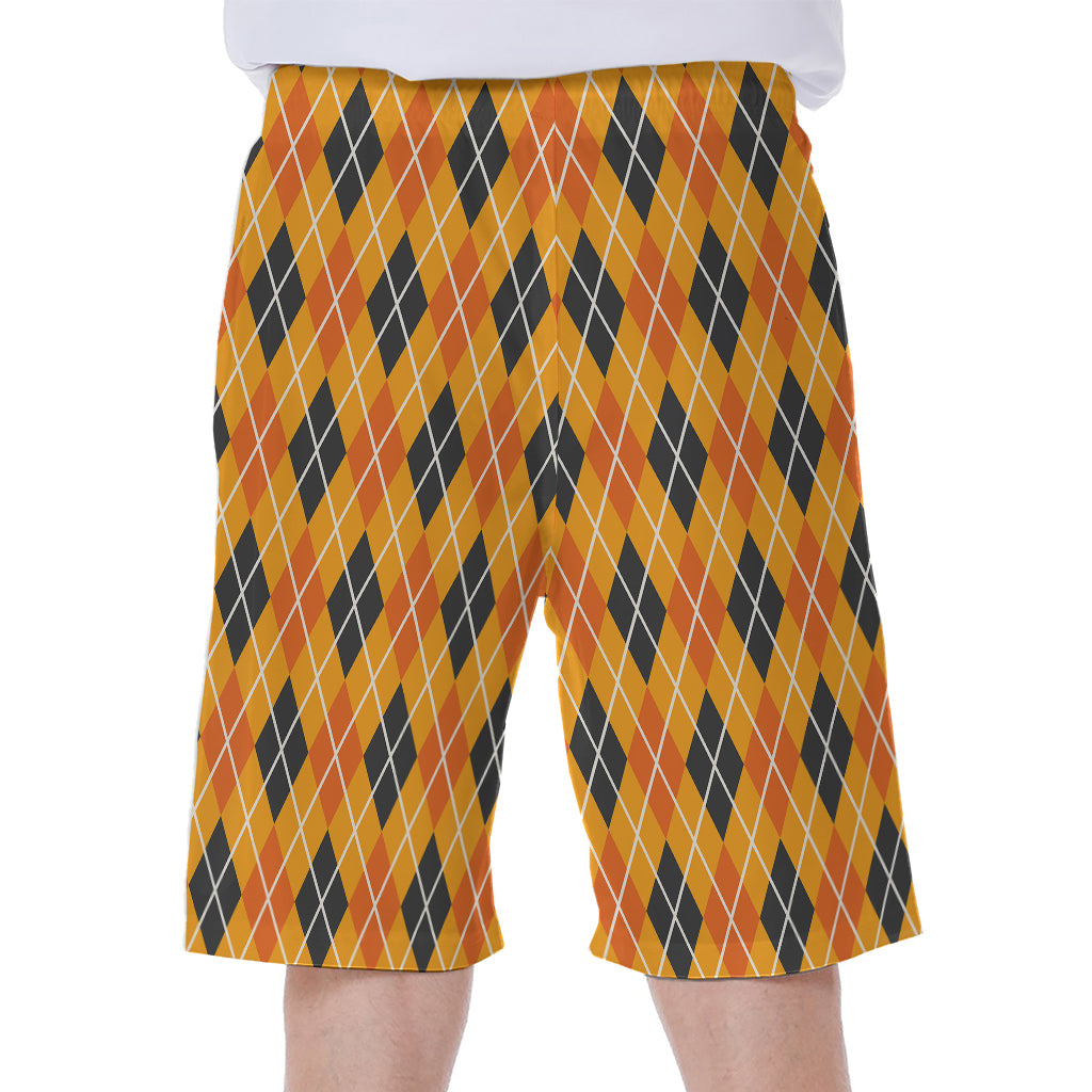Orange Halloween Argyle Pattern Print Men's Beach Shorts