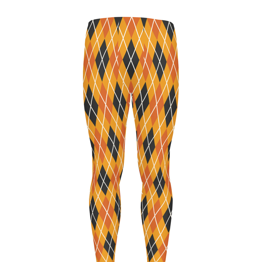 Orange Halloween Argyle Pattern Print Men's leggings