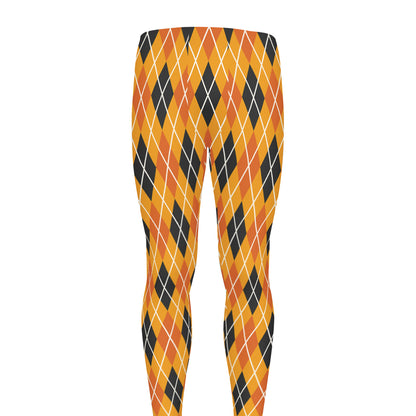 Orange Halloween Argyle Pattern Print Men's leggings
