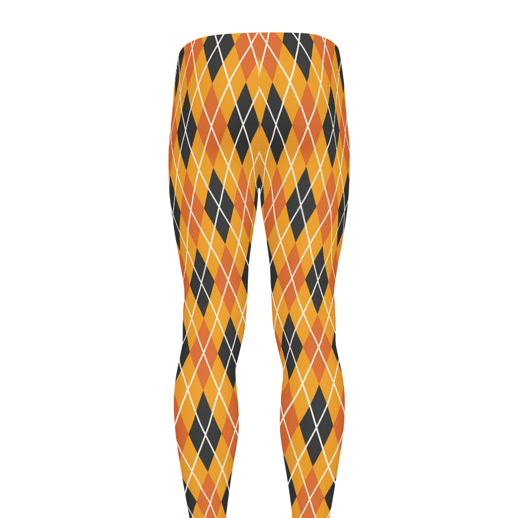Orange Halloween Argyle Pattern Print Men's leggings