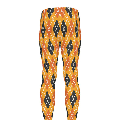 Orange Halloween Argyle Pattern Print Men's leggings