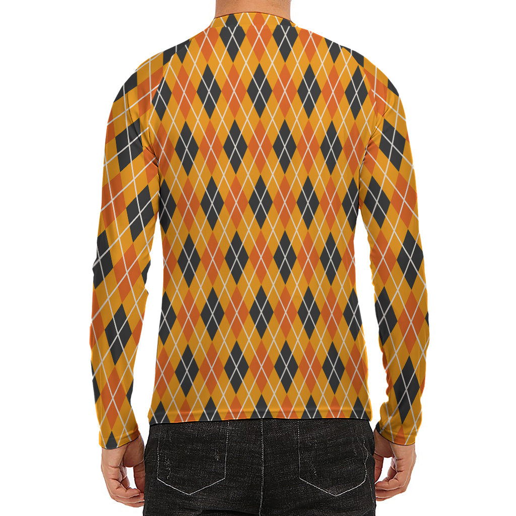Orange Halloween Argyle Pattern Print Men's Long Sleeve Rash Guard