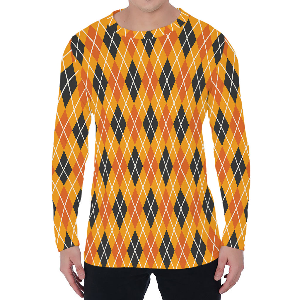 Orange Halloween Argyle Pattern Print Men's Long Sleeve T-Shirt