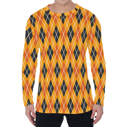 Orange Halloween Argyle Pattern Print Men's Long Sleeve T-Shirt