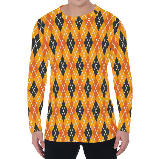 Orange Halloween Argyle Pattern Print Men's Long Sleeve T-Shirt