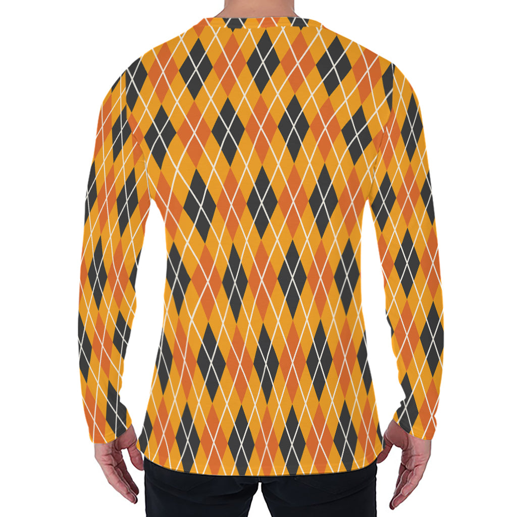 Orange Halloween Argyle Pattern Print Men's Long Sleeve T-Shirt