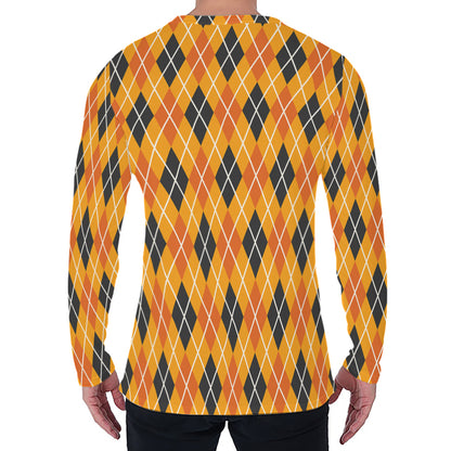 Orange Halloween Argyle Pattern Print Men's Long Sleeve T-Shirt