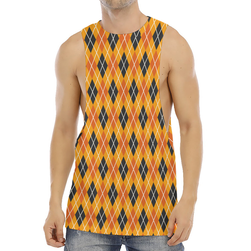 Orange Halloween Argyle Pattern Print Men's Muscle Tank Top