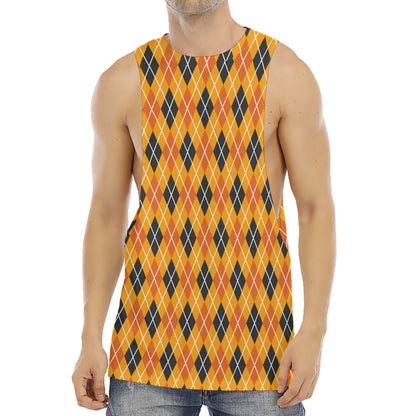 Orange Halloween Argyle Pattern Print Men's Muscle Tank Top