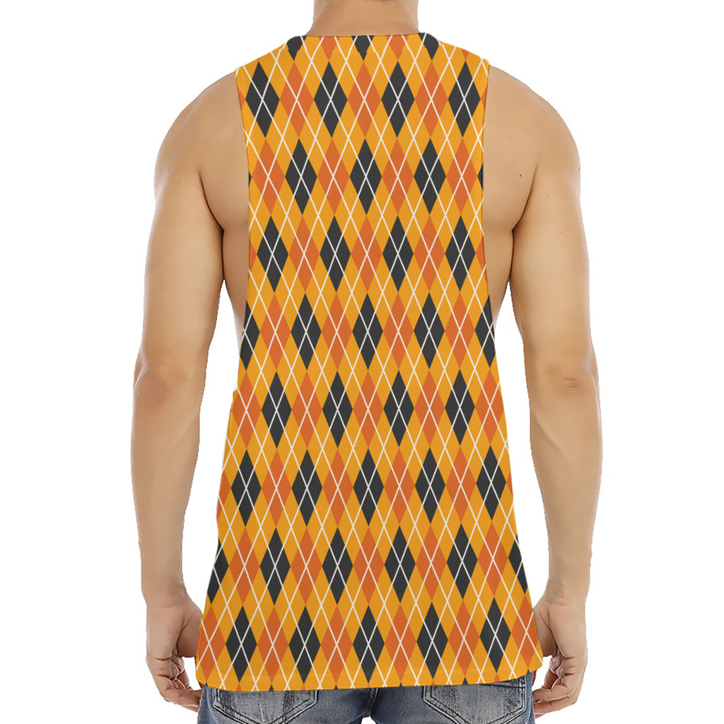 Orange Halloween Argyle Pattern Print Men's Muscle Tank Top