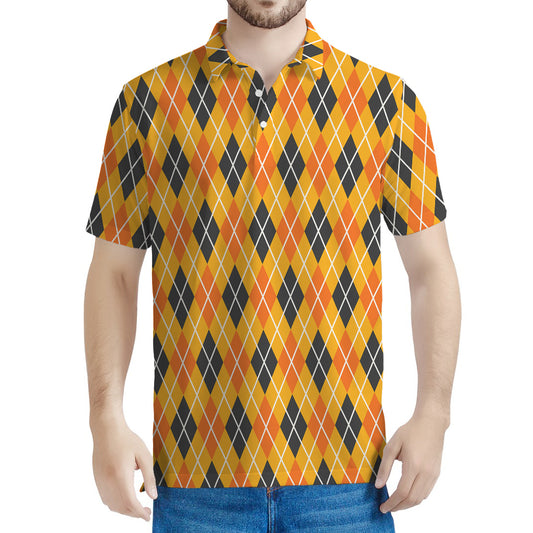 Orange Halloween Argyle Pattern Print Men's Polo Shirt