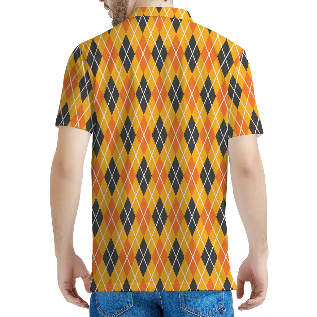 Orange Halloween Argyle Pattern Print Men's Polo Shirt