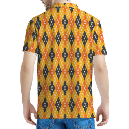 Orange Halloween Argyle Pattern Print Men's Polo Shirt