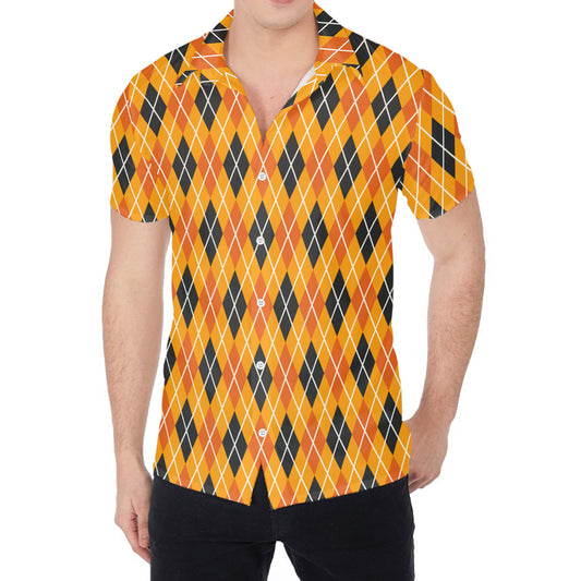 Orange Halloween Argyle Pattern Print Men's Shirt