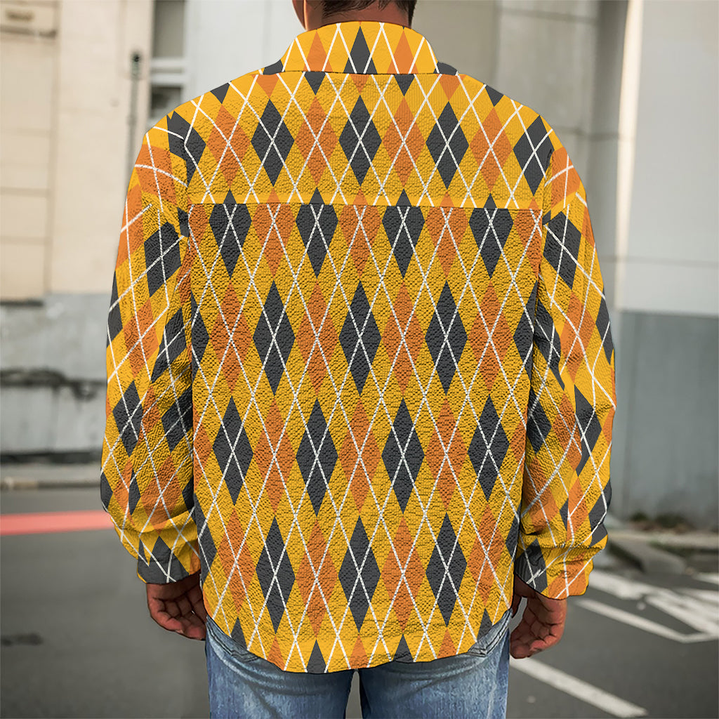 Orange Halloween Argyle Pattern Print Men's Shirt Jacket