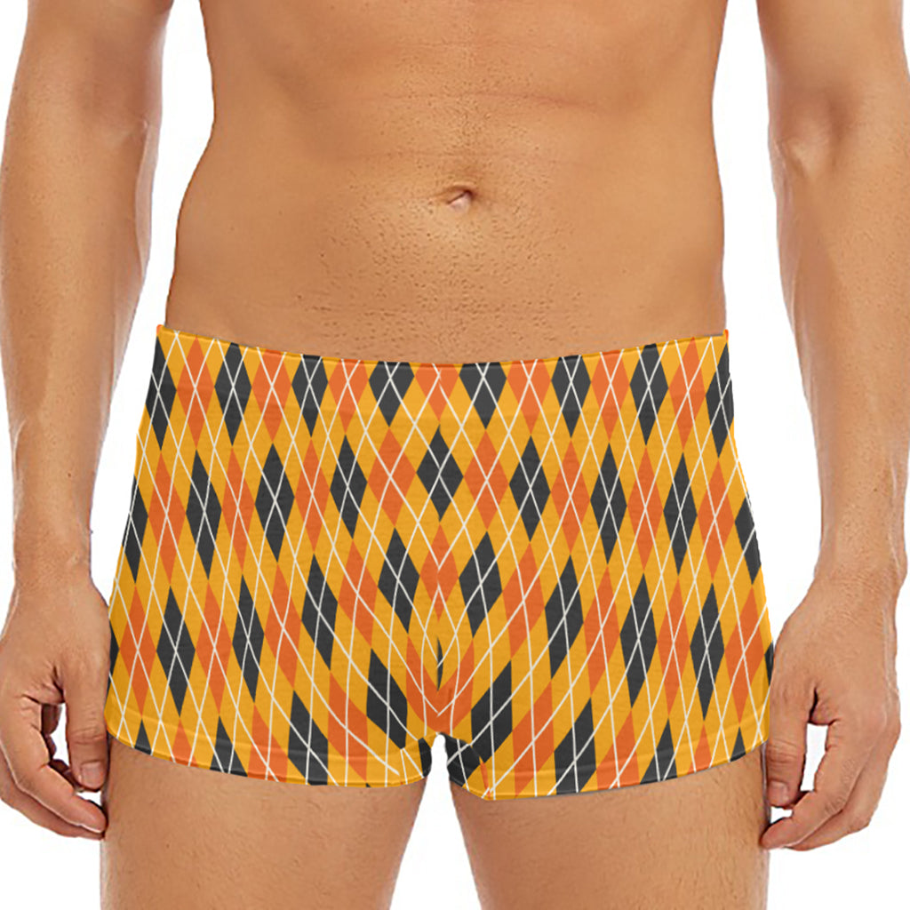 Orange Halloween Argyle Pattern Print Men's Short Boxer Briefs