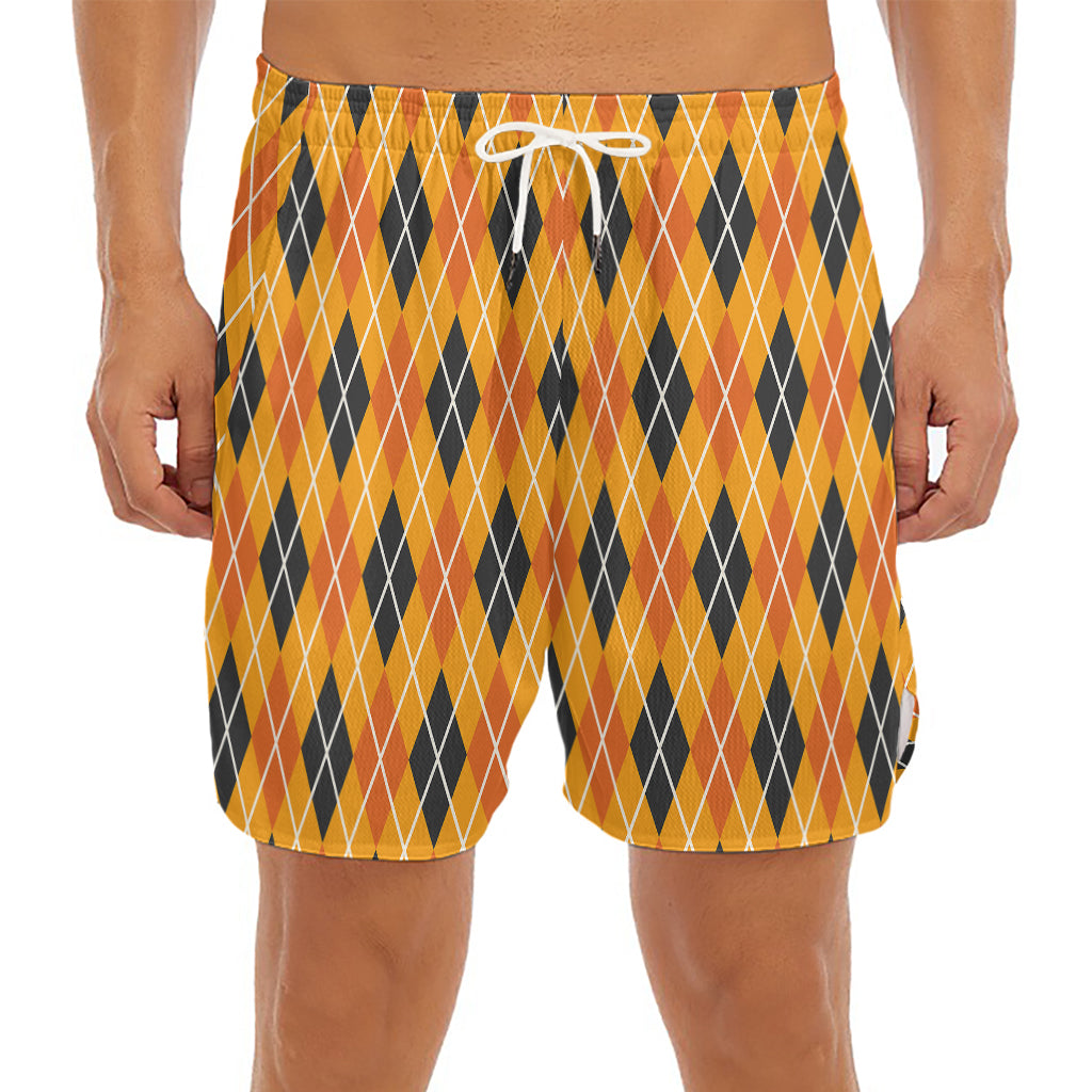 Orange Halloween Argyle Pattern Print Men's Split Running Shorts
