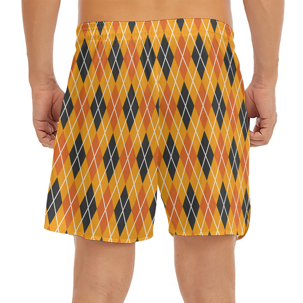 Orange Halloween Argyle Pattern Print Men's Split Running Shorts