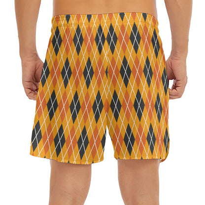 Orange Halloween Argyle Pattern Print Men's Split Running Shorts