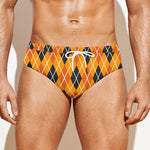 Orange Halloween Argyle Pattern Print Men's Swim Briefs