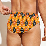 Orange Halloween Argyle Pattern Print Men's Swim Briefs